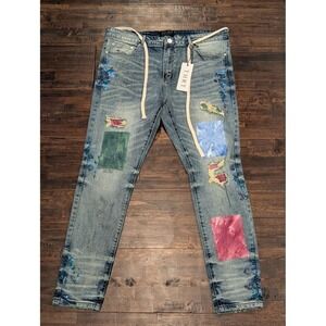 New THRT Jeans Mens 40x30 Blue Distressed Denim Multi Color Artistic Patchwork